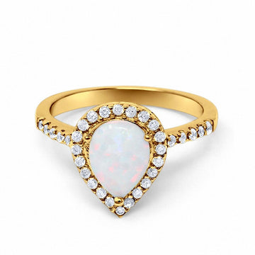 Halo Teardrop Bridal Filigree Ring Yellow Tone, Lab White Opal  925 Sterling Silver